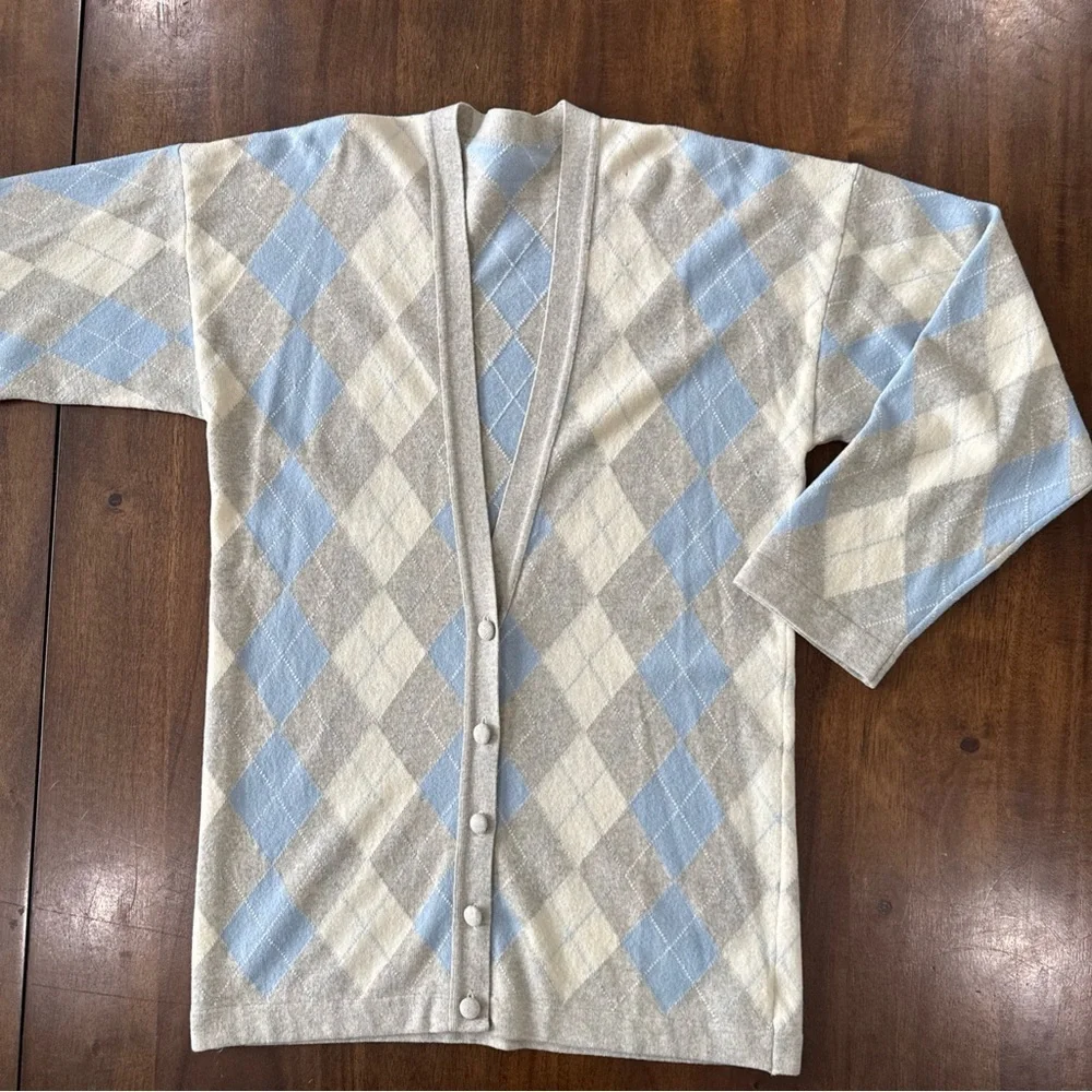 Jaeger 100% Lambswool Gray Blue Ivory Argyle Long Cardigan Sweater Vintage M